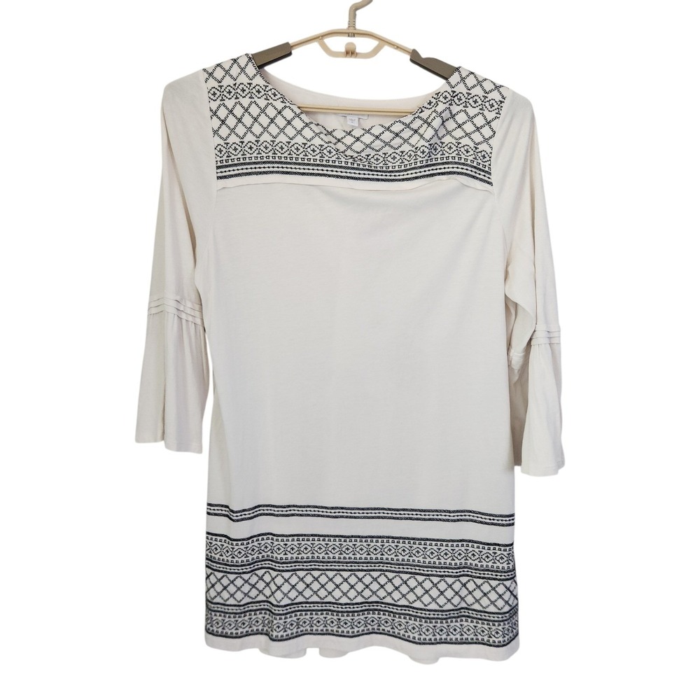 J Jill Embroidered Peasant Boho Cream Tunic Blouse L Tall Bell Flounce Sleeve - Picture 3 of 8